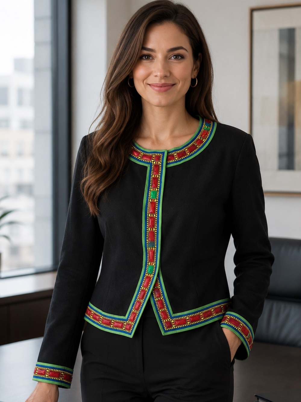 Leonard Paris Multicolor Trim Black Silk Jacket 4